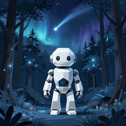 A geometric glossy white robot stands in the middle of a forest in the centre of the frame. softly glowing blue trees at night. The sky above has many stars and a beautiful blue aurora. Comet in the middle of the sky. Cyril Roland naomi okubo. Trending on artstation. Digital painting.