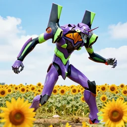 giant neon genesis evangelion robot running in a field of sunflowers