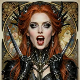 striking sensual industrial art nouveau style portrait of kitty pryde as a norwegian black metal singer by michael kaluta, simon bisley and alphonse mucha, photorealism, extremely hyperdetailed, perfect symmetrical facial features, perfect anatomy, ornate declotage, weapon, latex, excited expression, wild eyes