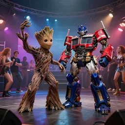 groot and optimus prime dancing at techno party among people, wide shoot, octane render, ultra realistic