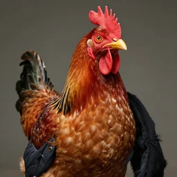 anthropomorphic chicken that looks like a human dressed like a rapper, photorealistic.