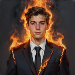 a hyper realistic painting of a patient young man in a burning business suit, cloth is burning, coherent symmetrical eyes, calm face, by jeffrey smith, by andrea kowch, by steve henderson, masterpiece, trending on artstation,