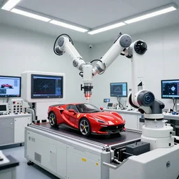 a complex thick bifurcated robotic cnc surgical arm cybernetic symbiosis hybrid mri 3 d printer machine printing some highly detailed large ferrari motor in inspection laboratory control panel room, 4 k, large monitor screens, knobs, drone camera lens orbs, bright lighting, octane render, natural color scheme, architectural photography, f 3 2, still from movie by denis villeneuve,