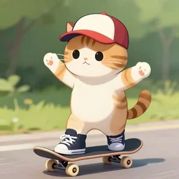 cute and funny, a cat standing on its back legs, wearing high top sneakers and a baseball cap, riding a skateboard, by garri bardin, trending at artstation, award winning