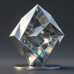 geometric metal monument sculpture with glass elements refracting rainbows into iridescent patterns, style of jack storms, octane render, artstation