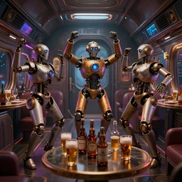 3 steampunk robot dancing inside a luxury futuristic nightliner, a table with many bottles of beer and wiskey, exaggerated detailed, unreal engine, subtle multicolored light, 3 5 mm lens