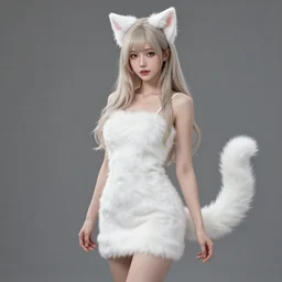 beautiful aesthetic full body digital illustration of a young woman wearing a furry white dress, furry white cat ears and tail, by wlop and Julia Razumova, realistic, photorealistic, hyperrealistic, unreal engine, cosplay, octane, deviantArt, trending on artstation, artstation HQ