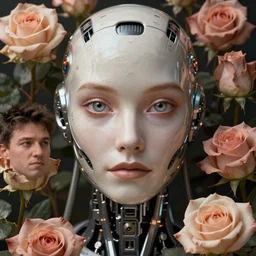 a stunning ultra detailed fantasy fine art portrait photo of a robot from ex machina movie, surrounded by roses, by tom bagshaw, james jean and natalie shau, 3 5 mm lens, golden ratio composition, deep depth of field, perfect eyes and face, cyberpunk, soft lighting, artstation, 8 k