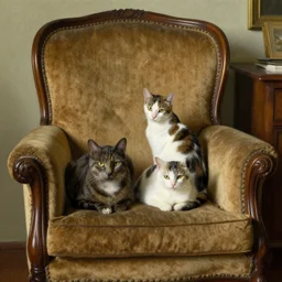 two cats on an old armchair, style of norman rockwell