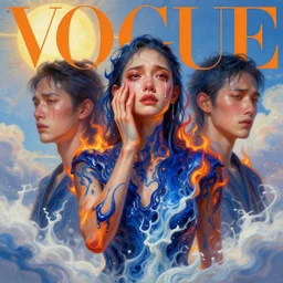 3 d, crying fashion model, flame, liquid deep blue and milk water, sun, vogue cover style, poster art, high detail, intricate oil painting, multiple exposure, heaven mood, hyperrealism, 3 d, by tooth wu and wlop and beeple and greg rutkowski