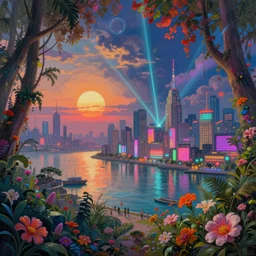 a beautiful hyperdetailed painting of harbor nature city by canaletto, flowers synthwave magic realism otherworldly retrowave forest laser uv light neon signs retro junglepunk tokyo wilderness dieselpunk vaporwave infrared nightsky morning sun at dusk at dawn, archdaily, wallpaper, highly detailed, trending on artstation.