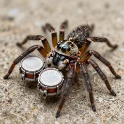 8mm extremely detailed  macro photography of a jumping spider playing drums, realistic, 8k, colorful, national geographic, detailed