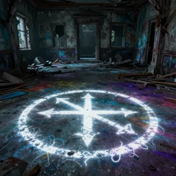 inside a haunted destroyed house, close look at a sigil scribbled on the ground and the sigil shining white, trending on artstation, wide view, cinematic view, cinematic, 8 k, digital photo, unreal engine, colored paint, colorful paint, scary style