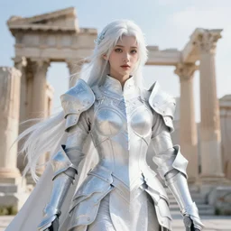 portrait white hair knights of zodiac girl, matt white ice color armor, in ruined agora of athens sunrise, ssci - fi and fantasy, intricate and very beautiful and elegant, highly detailed, digital painting, artstation, concept art, smooth and sharp focus, illustration, art by tian zi and wlop and alphonse mucha