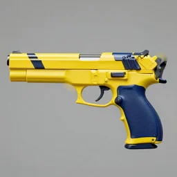 a 4 k photorealistic photo full shot of a yellow and blue gun.