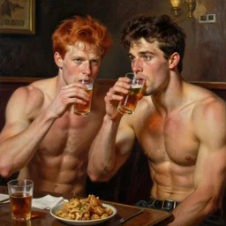 attractive muscular mike with ginger hair with muscular attractive tyler with brunet hair, drinking their hearts out, in a pub. very defined and highly detailed painting by gaston bussiere, craig mullins, j. c. leyendecker 8 k