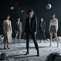 fashion editorial in space. wide angle shot. highly detailed. depth of field. high definition. 8k. photography.