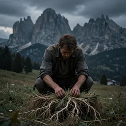 alpine farmer transforming into roots and hay, dolomites in background, dark, eerie, despair, portrait photography, artstation, digital art, concept art, artstation, highly detailed, sharp focus, by caravaggio