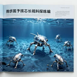 photograph of metal robotic microfauna in blue water from scientific magazine