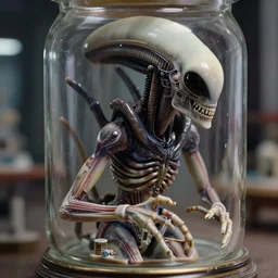 beautiful three point perspective film still of holly herndon xenomorph lab < / 9 > scene in aliens, extreme closeup 3 / 4 portrait in style of frontiers in blade runner miniature photography fashion architectural art studio edition, real - life porcelain statue in victorian glass jar, pursed lips, anatomically correct, tilt shift background, sharp focus, panavision, 8 k, macro, cinematic style