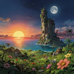 abandoned by wayne thiebaud, landscape at dawn studio ghibli azeroth flowers anime atlantis retro vice city sunlight cosmic at night matte painting fisheye sea reclaimed by nature cgsociety moon assassin's creed junglepunk postcyberpunk sunset, archdaily, wallpaper, highly detailed, trending on artstation.