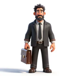 rugged lawyer with briefcase, stylized pixar-style 3d render, full body, standing, isolated on a pure white background, centered, whole figure in frame, sharp focus, studio lighting