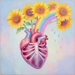 a beautiful acrylic painting by andreas rocha and Anato Finnstark of a heart bursting out of a rib-cage and turning into rainbows and sunflowers, neon pastel color palette, soft feminine elegant