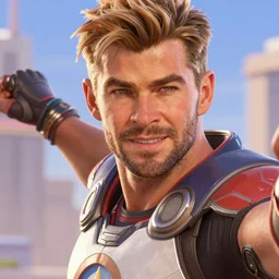 Chris Hemsworth as a character in the game Overwatch, detailed face, action shot