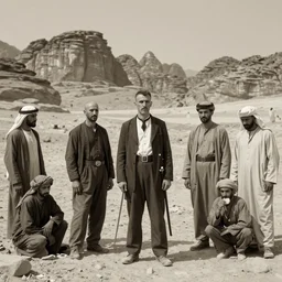 ultra detailed photorealistic sepia - toned photo from 1 9 1 7, clean - shaven british soldiers standing with bedouin traders in traditional arab garb, at an archaeological dig site in wadi rum, ultra realistic, painted, intricate details, lovecraft, atmospheric, dark, horror, brooding, highly detailed, by clyde caldwell