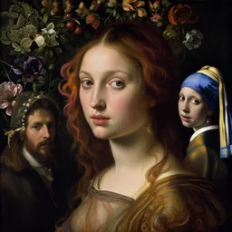 a closeup portrait of one beautiful young goddess with a wall of flowers behind her, painted by botticelli, diego velazquez and rachel ruysch and vermeer, swirling coloured hair, hyperrealism, dark, dramatic lighting, analogous complementary colour scheme, trending in artstation, octane, rendered