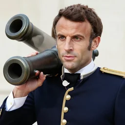 closeup portrait of emmanuel macron dressed as napoleon carrying a large cannon, natural light, sharp, detailed face, magazine, press, photo, steve mccurry, david lazar, canon, nikon, focus