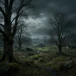 dark airy land in the Harry Poter world, hyper realistic, landscape, nature
