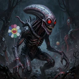 a very detailed aesthetic horror painting titled'demogorgon'description'a monster made out of nightmares'by takashi murakami and wayne barlowe, trending on cgsociety artstation, establishing shot, 8 k, masterpiece, highly detailed.