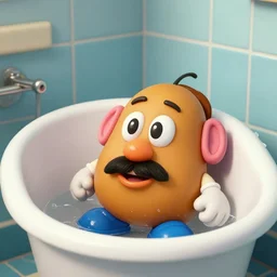 mister potatoe surfing in a bathtub
