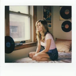 photography polaroid portrait of clothed Nicole Aniston watching outside the window. on a bed. in a 70's room full of vinyls and posters, photorealistic, award winning photo, 100mm, sharp, high res
