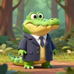 a crocodile wearing a formal overcoat in a forest, Pixar style, 3D render, octane render, unreal engine 5, path tracing, cute, Disney style, 4K, anatomically correct, natural lighting, high quality, highly detailed, low poly