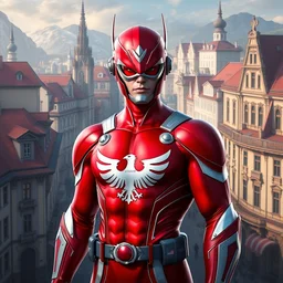 captain vienna, a austrian superhero, the colors of the costume are red and white, with an eagle emblem, eagle logo, vienna city, european buildings, austrian architecture, highly detailed, digital painting, artstation, concept art, smooth, sharp focus, illustration, unreal engine 5, 8 k, art by artgerm and greg rutkowski and edgar maxence