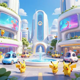 a future urban city, white buildings + colorful decorative + led billboards + brand logo, cute future vehicles, game center, central fountain, cute pokemon walking on the street, cute scene, dokev, ratchet & clank, overwatch, splatoon 3