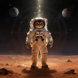 an astronaut cat on planet mars ， magical light dust and stars, planets horizon, intricate. symmetrical. dim lighting, unreal engine 5, concept art ， by greg rutkowski, loish, highly rendered, digital painting, artstation, artstation hq, mysterious toplight 8 k