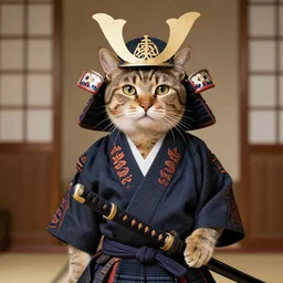 cat wearing samurai attire and katana