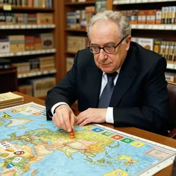 henry kissinger playing the board game risk in a comic book shop, risk, world map, 3 5 mm, f / 2. 8, flash photography