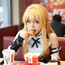 portrait photo still of real life lucina! ( fire emblem ) eating chicken in a kfc!!, 8 k, 8 5 mm f 1. 8