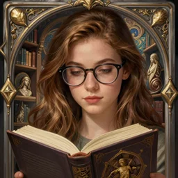 portrait of adriana chechik girl nerd in glasses with a book, perfect face, magic library, fantasy, intricate, elegant, highly detailed, digital painting, artstation, concept art, matte, sharp focus, illustration, hearthstone, art by artgerm and greg rutkowski and alphonse mucha