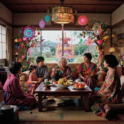 movie still by alejandro jodorowsky of a beautiful day in a japanese family living room in a suburban neighborhood, visible psychedelic energy, dream high fashion costumes, magic fruit trees, glowing digital art ornaments, magical parade float, cinestill 8 0 0 t eastmancolor technicolor, high quality, very detailed, heavy grain, fine facial features, 8 k, octane render