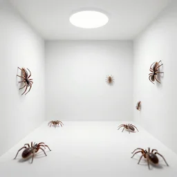 a white room full of spiders and centipedes