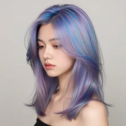 of a 2 d girl with 3 d oil hair in a holographic mixed color style
