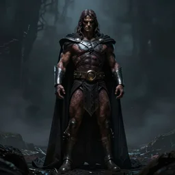 He-Man with a dark manner, atmospheric, dark and mysterious, shadowy and eerie character, ominous, cinematic, Epic, 4k, full body character design, ultra detailed, ultra realistic, rendered by Marcus Whinney