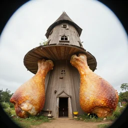 two giant chicken legs below witch hut, greg rutkowski, zabrocki, karlkka, jayison devadas, trending on artstation, 8 k, ultra wide angle, zenith view, pincushion lens effect