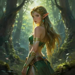 female seductive forest legend of zelda queen of nature, beautiful face, rule of thirds, intricate outfit, backlit, by art germ, greg rutkowski, by jeremy mann, digital painting