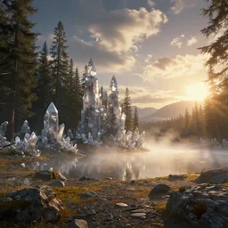 epic crystalline forest with a lake, golden hour, misty ground, rocky ground, distant mountains, atmospheric perspective, altostratus clouds, planets, cinematic, 3 5 mm lens, anamorphic lens flare, photographic, octane render, cinematography by roger deakins, in the style of ansel adams